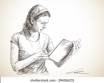 Sketch of woman reading book, Hand drawn illustration