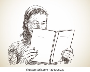 Sketch of woman reading book, Hand drawn illustration