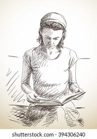 Sketch of woman reading book, Hand drawn illustration