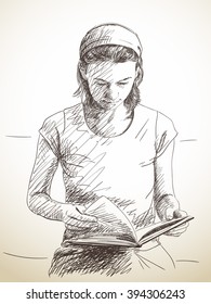 Sketch Of Woman Reading Book, Hand Drawn Illustration