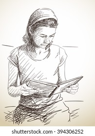 Sketch Of Woman Reading Book, Hand Drawn Illustration