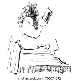 Sketch of woman reading book, Hand drawn illustration