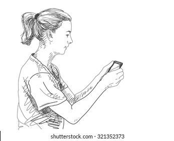 Sketch of woman reading electronic book, Hand drawn vector illustration