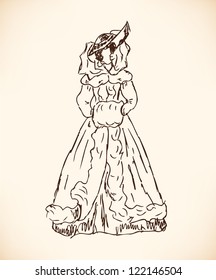 Sketch of  woman in retro winter clothes. Lady in vintage dress and veil. Hand drawn modern woman silhouette