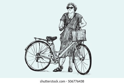 sketch of woman riding a bicycle, free hand drawing illustration 