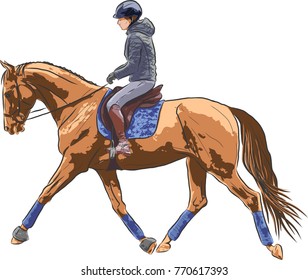 Sketch of a woman riding on a horse.
