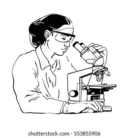 Sketch of woman scientist looking through microscope. Female laboratory assistant    in potective glasses and rubber gloves. Black and white retro style hand drawn vector illustration isolated.