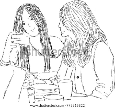 Sketch Woman Selfie Her Friend Vector Stock Vector (Royalty Free ...