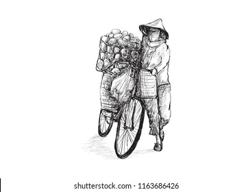 Sketch of a woman seller on bicycle in Saigon, Vietnam