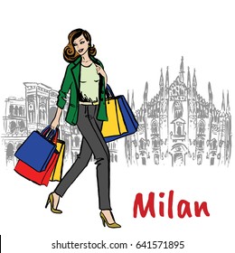 Sketch of woman with shopping bags near Milan Cathedral, Duomo di Milano, piazza del Duomo in Milan, Italy