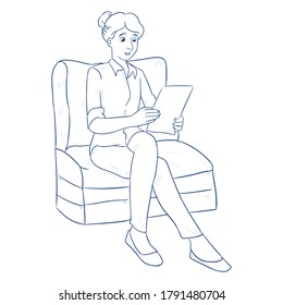 sketch of woman sitting on sofa brings a paper vector illustration