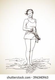 Esboço de mulher em pequeno vestido na praia. Ilustração desenhada à mão