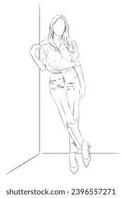 sketch of a woman standing while leaning against a wall, on a white background