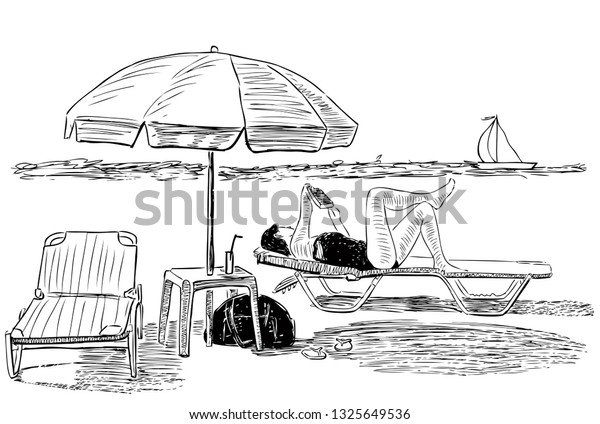 Sketch Woman Sunbathing On Beach Stock Vector (Royalty Free) 1325649536