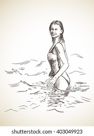 Sketch of woman in swimsuit standing in water. Hand drawn vector illustration