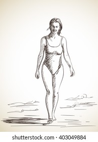 Sketch of woman in swimsuit walking on the beach. Hand drawn illustration