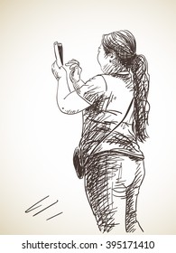 Sketch of woman taking photo with smart phone, Hand drawn illustration