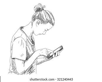 Sketch of woman touching tablet, Hand drawn vector illustration