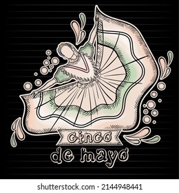 Sketch Of Woman With Traditional Mexican Dress Dancing Cinco De Mayo Vector