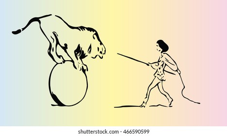sketch of a woman trainer of wild animals, circus artist in the arena with a lion