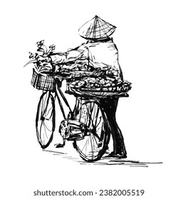 Sketch of a woman Vietnamese sales on the bicycle 