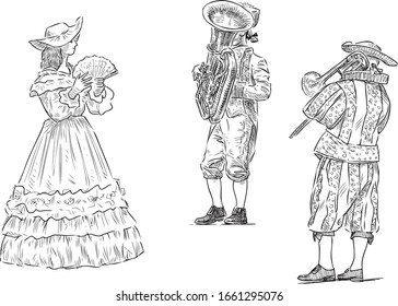Sketch of woman in vintage costume and musicians in carnival suits playing trumpets