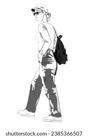 sketch of a woman walking in a casual suit, on a white background