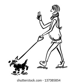 Sketch Of A Woman Walking The Dog, Vector