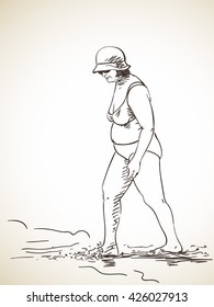 Sketch of woman walking on the beach wearing bikini, Hand drawn illustration