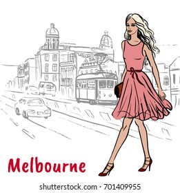 Sketch of woman walking on Chapel street in Melbourne, Australia