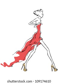 A sketch of the woman walking in a red dress