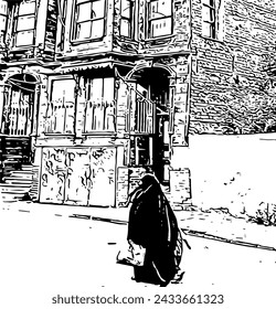 Sketch of a woman walking in the street, black and white. Old and historical house.