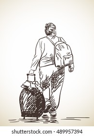 Sketch of woman walking with suitcase, Hand drawn illustration