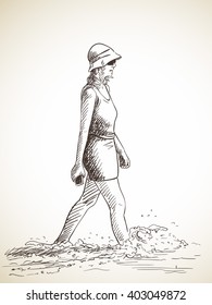 Sketch of woman walking in water, Hand drawn illustration