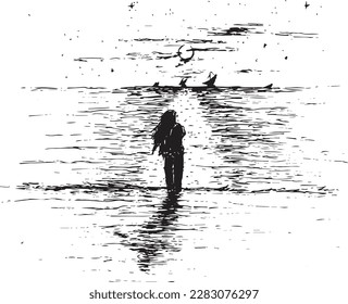 Sketch of a woman watch sunset