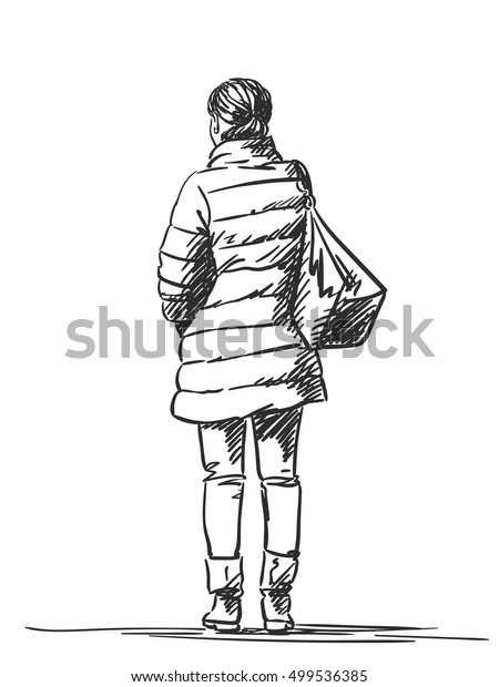Sketch Woman Wearing Down Jacket Hand Stock Vector (Royalty Free ...