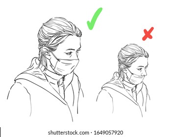 Sketch of woman wearing medical face mask in correct and wrong way, Hand drawn vector illustration