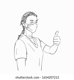 Sketch of woman wearing medical face mask showing thumb up gesture, Hand drawn vector linear illustration