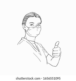 Sketch of woman wearing medical face mask showing thumb up gesture, Hand drawn vector linear illustration