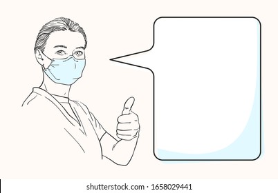 Sketch of woman wearing medical face mask and showing thumb up gesture, template for information banner with speech bubble, Hand drawn vector illustration
