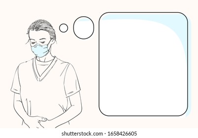 Sketch of woman wearing medical face mask and looking down, template for information banner with thought bubble, Hand drawn vector illustration