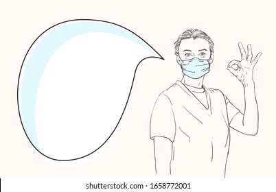 Sketch of woman wearing medical face mask and showing okay gesture, template for information banner with speech bubble, Hand drawn vector illustration