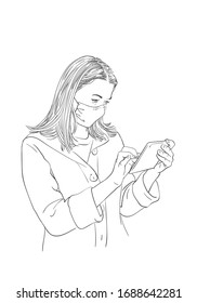 Sketch of woman wearing medical face mask and using tablet, coronavirus prevention, Hand drawn vector illustration