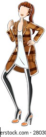 Sketch of a woman in white t-shirt and brown overocat