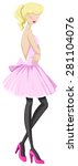 Sketch of a woman win pink backless dress and black stockings