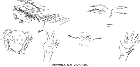Sketch of a woman's face, eyes, nose, fingers.