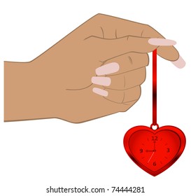 Sketch of a woman's hand holding a clock in the shape of a heart