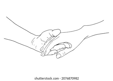 Un boceto de la mano de una mujer en la mano de un hombre, un dibujo de una ilustración de arte lineal vectorial.