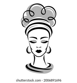 Sketch of a woman's head. A beautiful face, closed eyes, curly hair combed up, earrings and a bandana. Black lines drawing on a white background. Vector illustration.