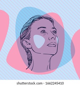 Sketch of woman's head looking up on side with colored cheeks on blue and pink color abstract streamlined shapes on diagonal striped square background, Vector hand drawn illustration